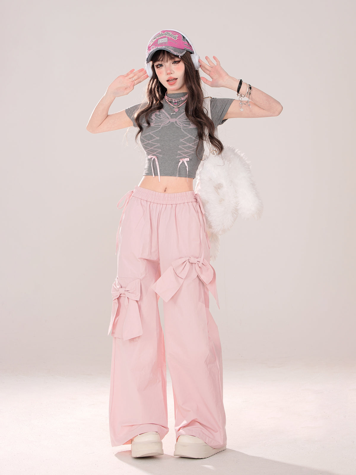 Pink Bow Elastic Waist Wide Leg Pants-Luxandluxy