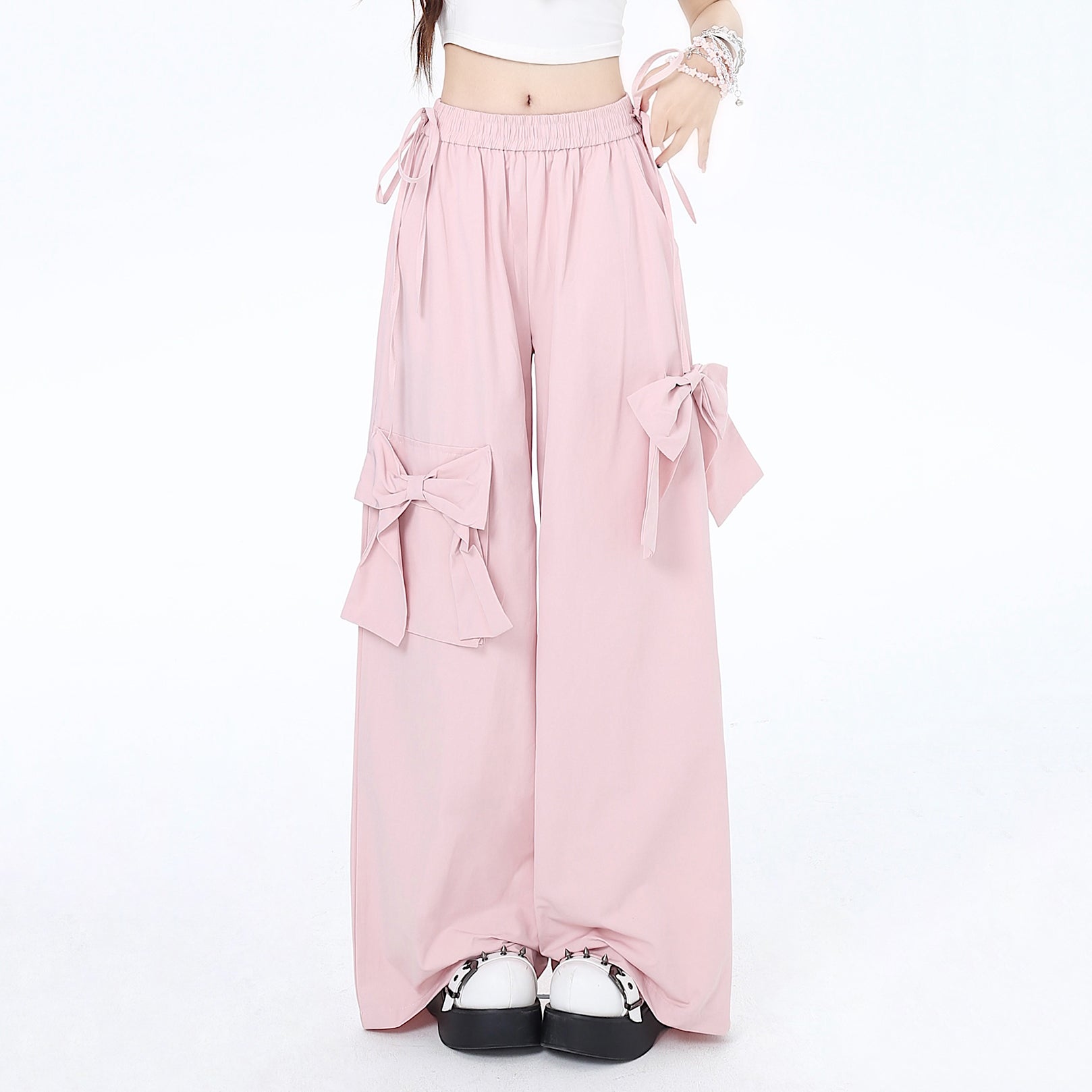 Pink Bow Elastic Waist Wide Leg Pants-Luxandluxy