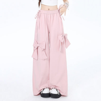 Pink Bow Elastic Waist Wide Leg Pants-Luxandluxy