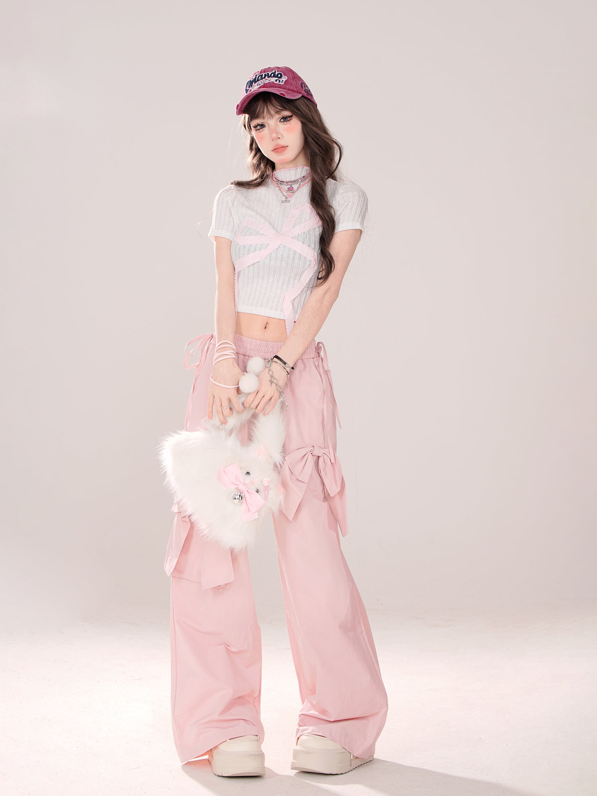 Pink Bow Elastic Waist Wide Leg Pants-Luxandluxy