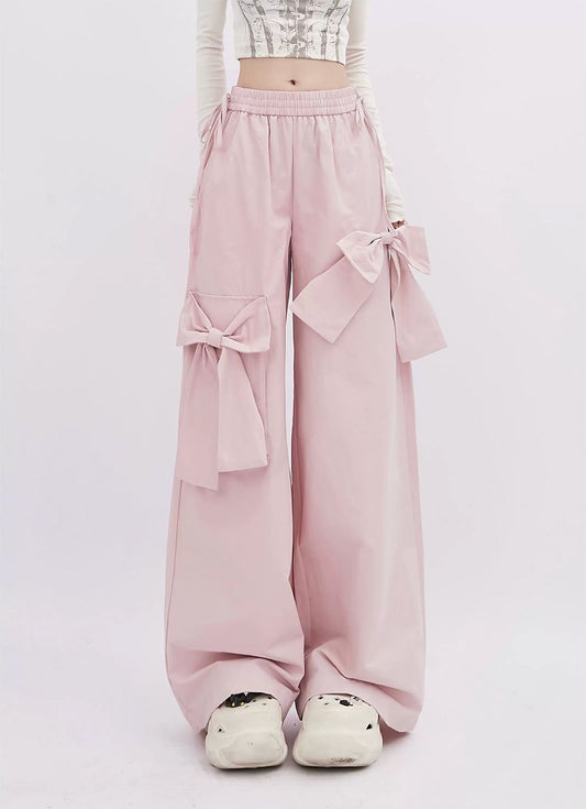 Pink Bow Elastic Waist Wide Leg Pants-Luxandluxy