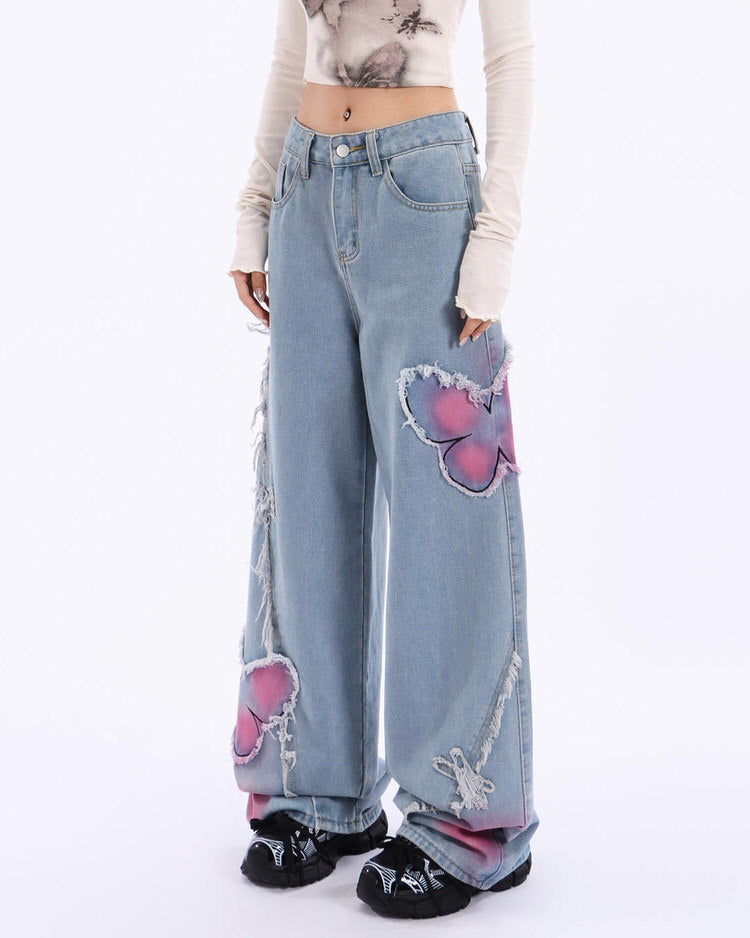 Pink Butterfly Patch Frayed Wide Leg Jeans-Luxandluxy