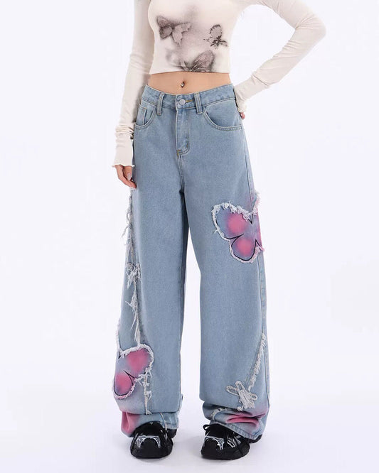 Pink Butterfly Patch Frayed Wide Leg Jeans-Luxandluxy