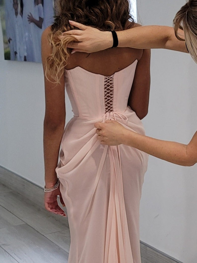 Pink Embellished Corset Draped Mesh Maxi Dress-Luxandluxy