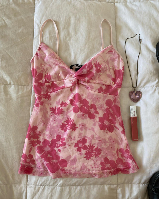 Pink Floral Front Knot Cami Top-Luxandluxy