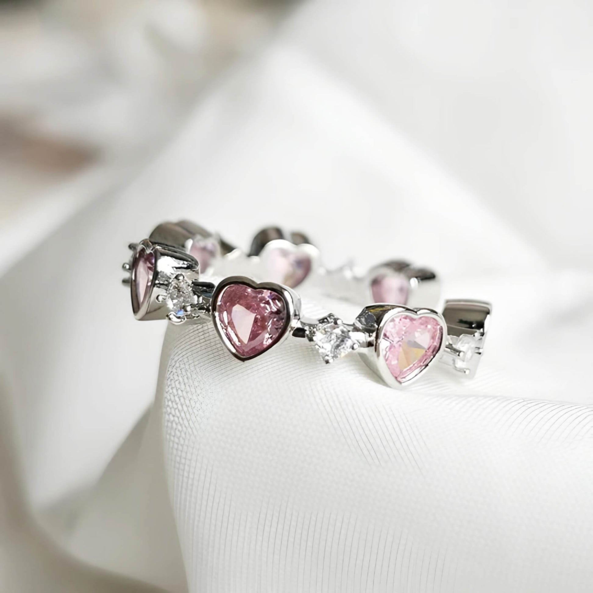 Pink Multi Hearts Gemstone Symphony Cuff Ring-Luxandluxy