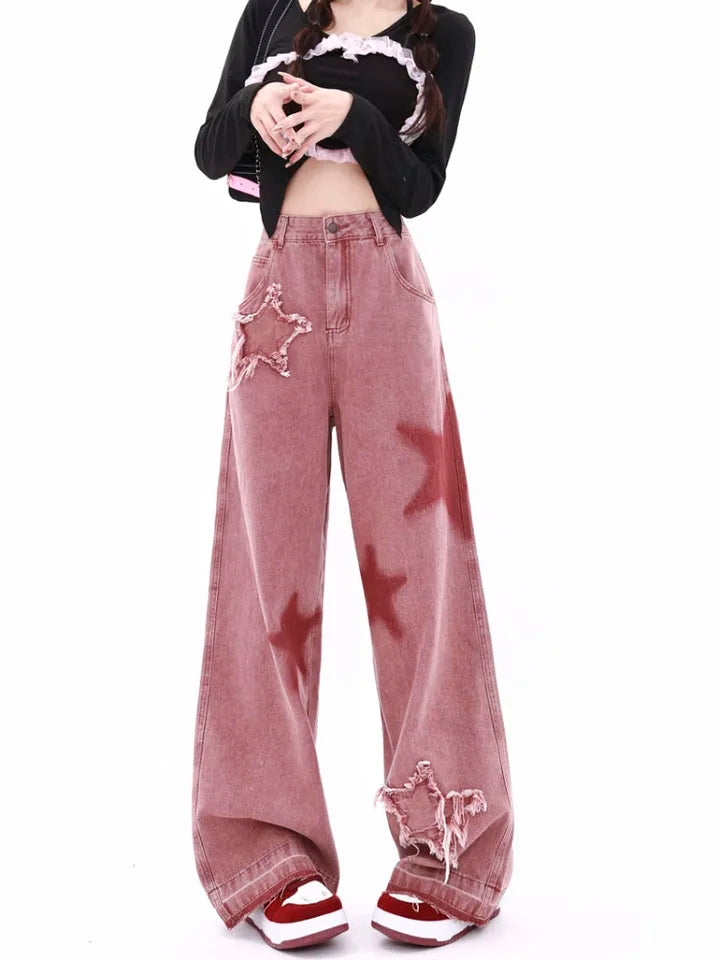 Pink Star Wide Leg Jeans-Luxandluxy