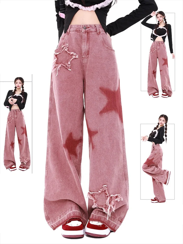 Pink Star Wide Leg Jeans-Luxandluxy