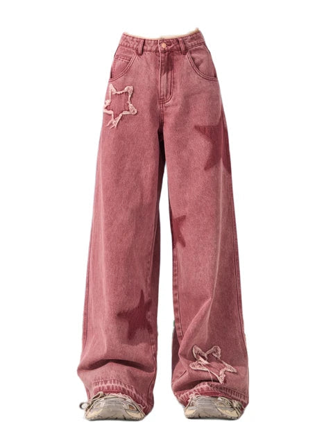 Pink Star Wide Leg Jeans-Luxandluxy