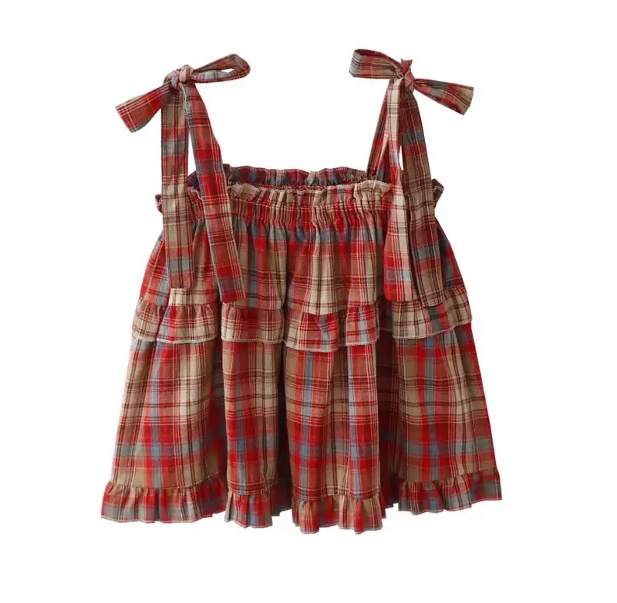 Plaid Tie-Straps Layered Ruffles Flared Top-Luxandluxy