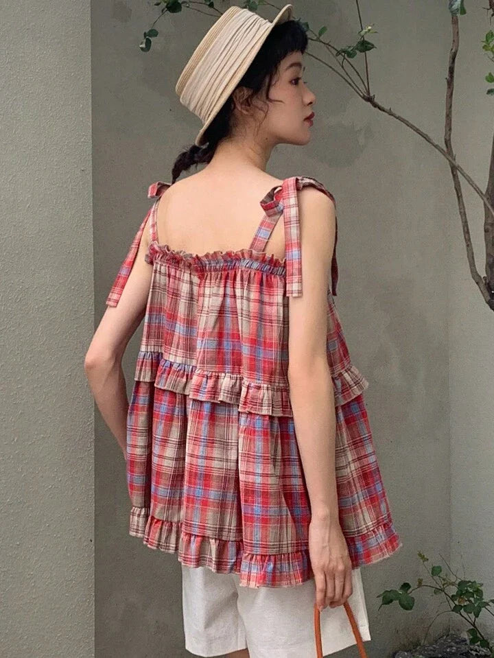 Plaid Tie-Straps Layered Ruffles Flared Top-Luxandluxy