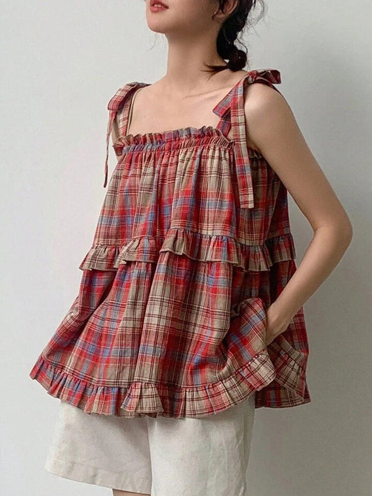 Plaid Tie-Straps Layered Ruffles Flared Top-Luxandluxy