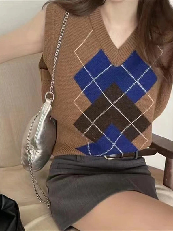 Plaid V-neck Knitted Sweater Vest-Luxandluxy