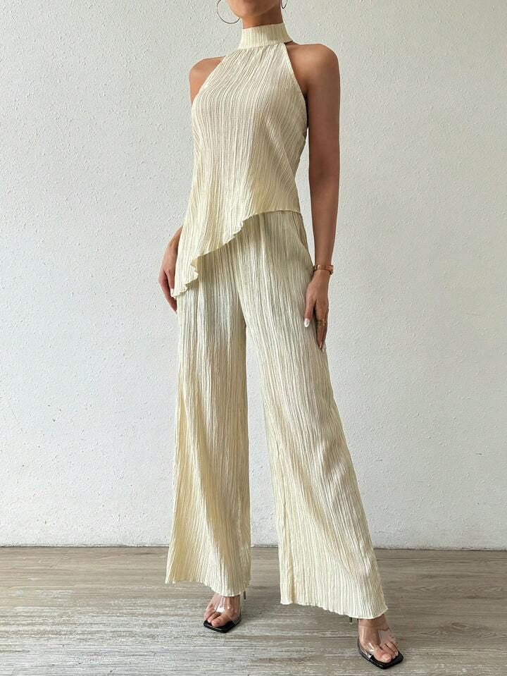 Pleated Asymmetric Halterneck Top & Pant Set-Luxandluxy