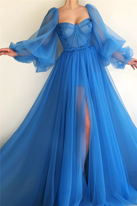 Princess Sheer Puff Sleeved Slit Dress-Luxandluxy