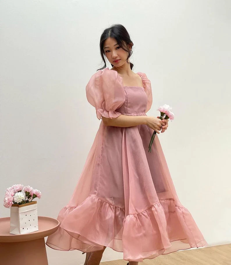 Puff Sleeve Organza Midi Dress-Luxandluxy