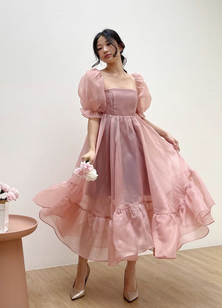 Puff Sleeve Organza Midi Dress-Luxandluxy