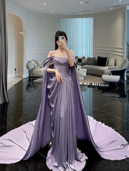 Purple Satin Off-Shoulder Draped Maxi Dress-Luxandluxy