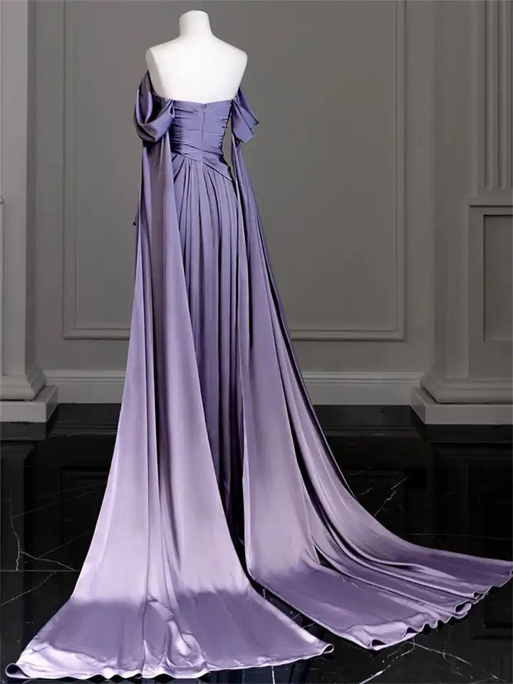 Purple Satin Off-Shoulder Draped Maxi Dress-Luxandluxy