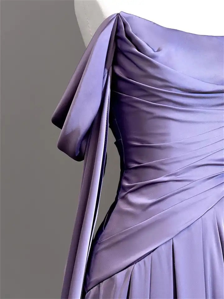 Purple Satin Off-Shoulder Draped Maxi Dress-Luxandluxy