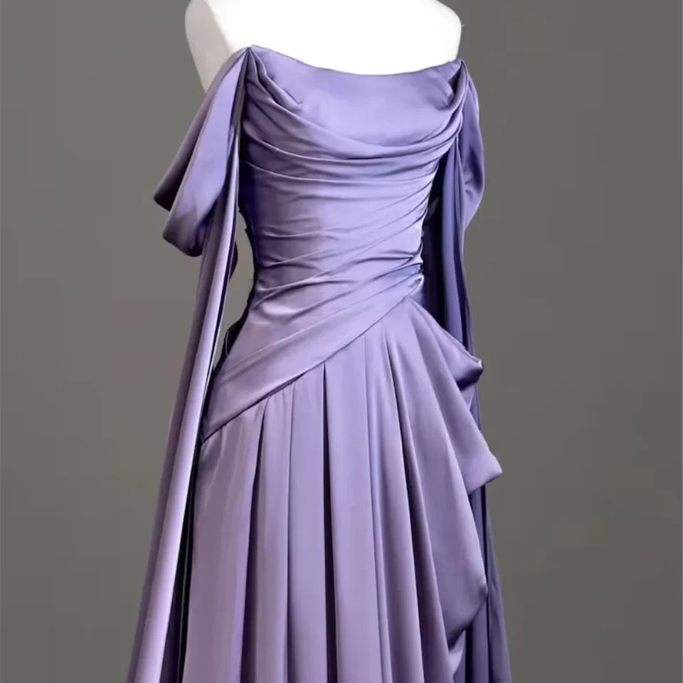 Purple Satin Off-Shoulder Draped Maxi Dress-Luxandluxy