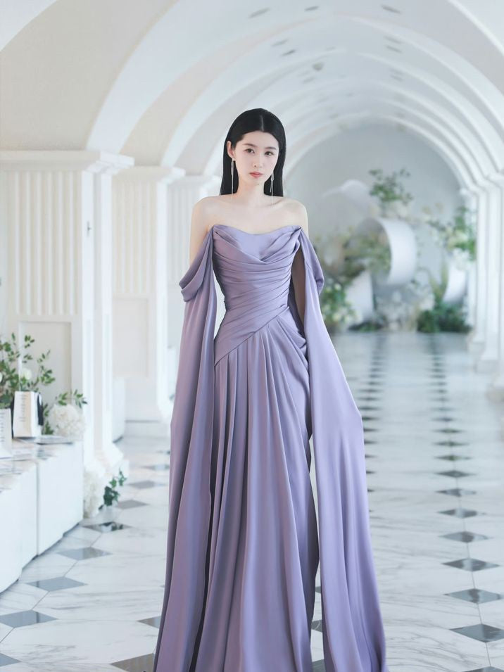 Purple Satin Off-Shoulder Draped Maxi Dress-Luxandluxy