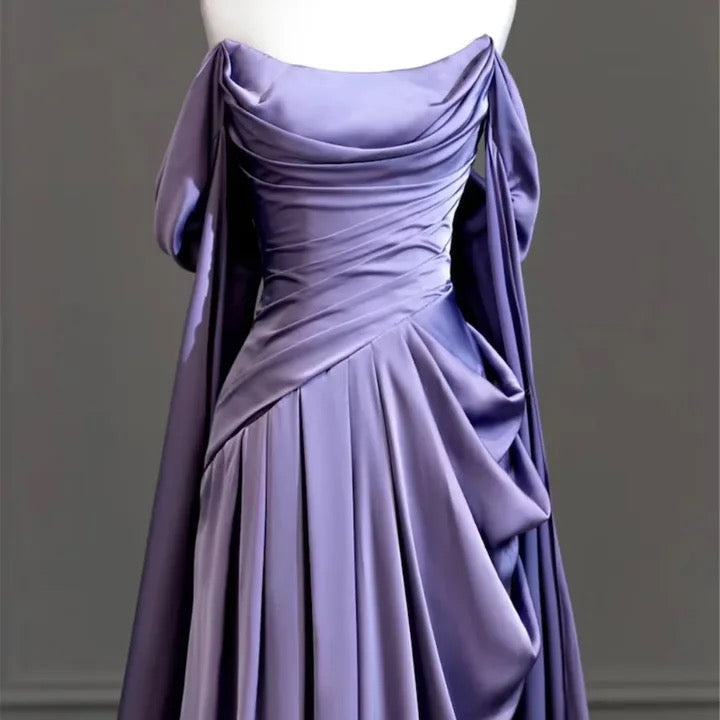 Purple Satin Off-Shoulder Draped Maxi Dress-Luxandluxy