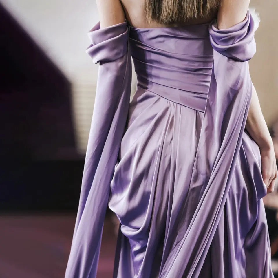 Purple Satin Off-Shoulder Draped Maxi Dress-Luxandluxy