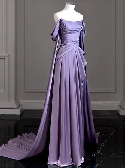 Purple Satin Off-Shoulder Draped Maxi Dress-Luxandluxy