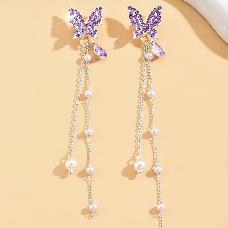 Purple Sparkling Butterfly Pearl Drop Threader Earrings-Luxandluxy