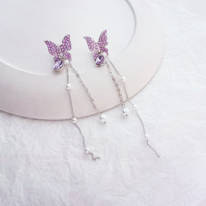 Purple Sparkling Butterfly Pearl Drop Threader Earrings-Luxandluxy