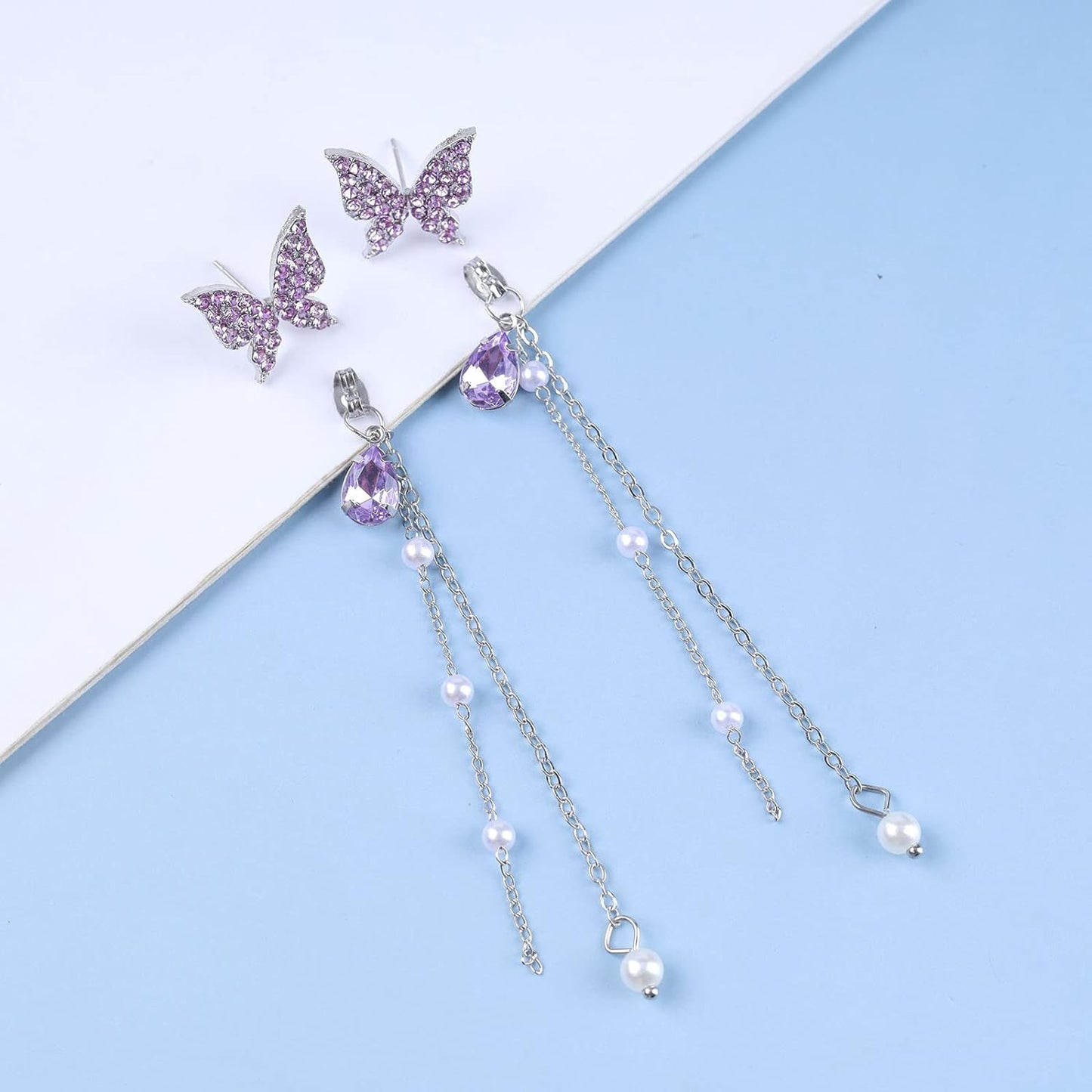 Purple Sparkling Butterfly Pearl Drop Threader Earrings-Luxandluxy