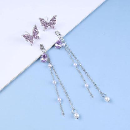 Purple Sparkling Butterfly Pearl Drop Threader Earrings-Luxandluxy