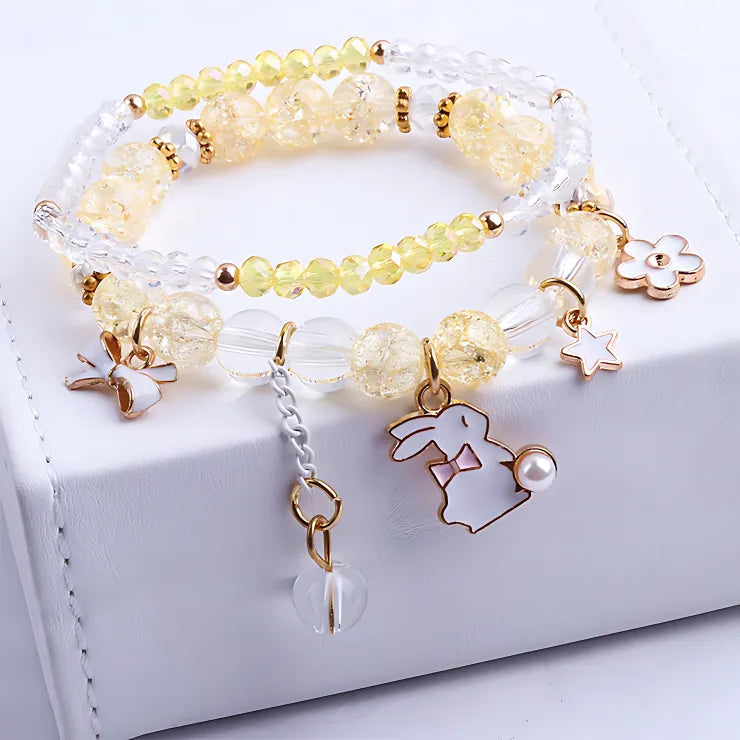 Rabbit Bow Sparkling Pearl Charm Bracelet Stack-Luxandluxy