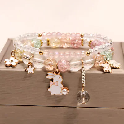 Rabbit Bow Sparkling Pearl Charm Bracelet Stack-Luxandluxy