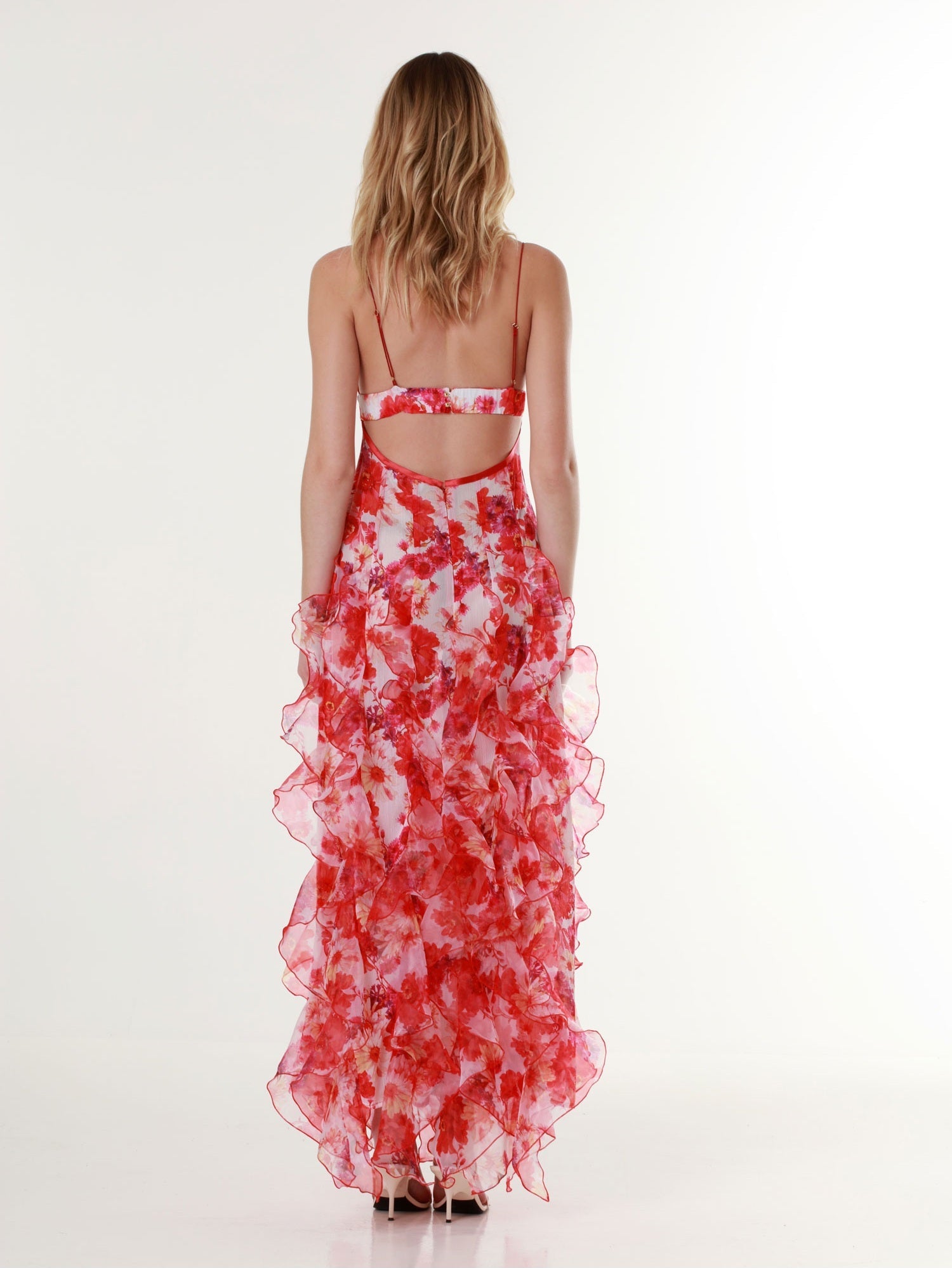 Red Margarita Ruffle Floral-Print Maxi Dress-Luxandluxy