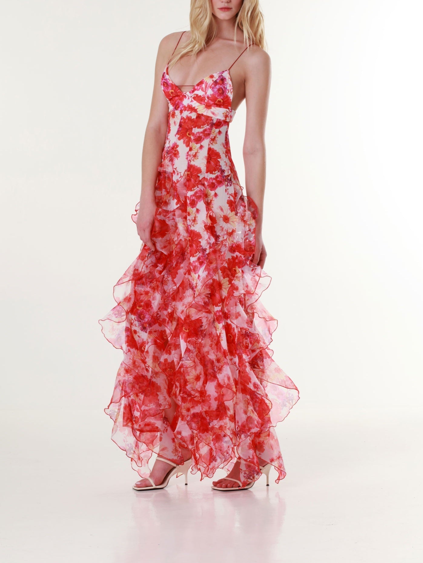 Red Margarita Ruffle Floral-Print Maxi Dress-Luxandluxy