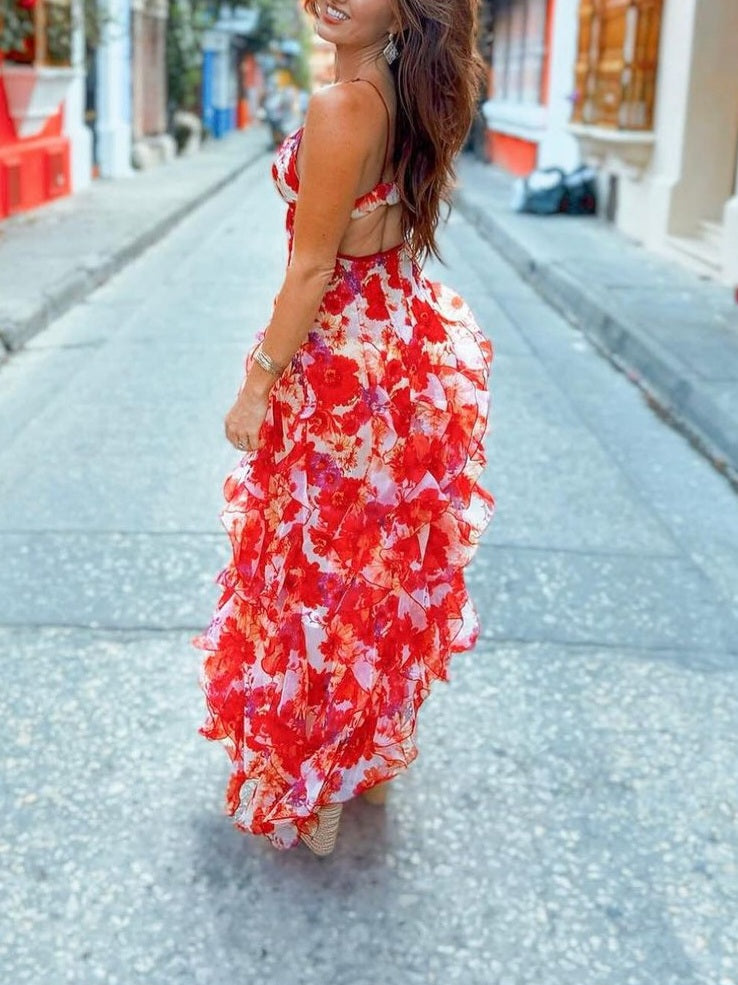 Red Margarita Ruffle Floral-Print Maxi Dress-Luxandluxy