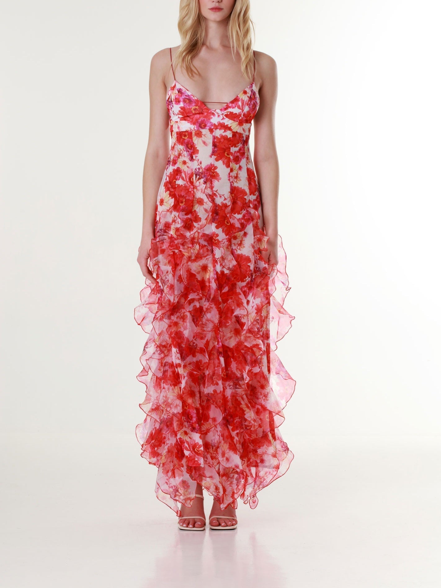 Red Margarita Ruffle Floral-Print Maxi Dress-Luxandluxy