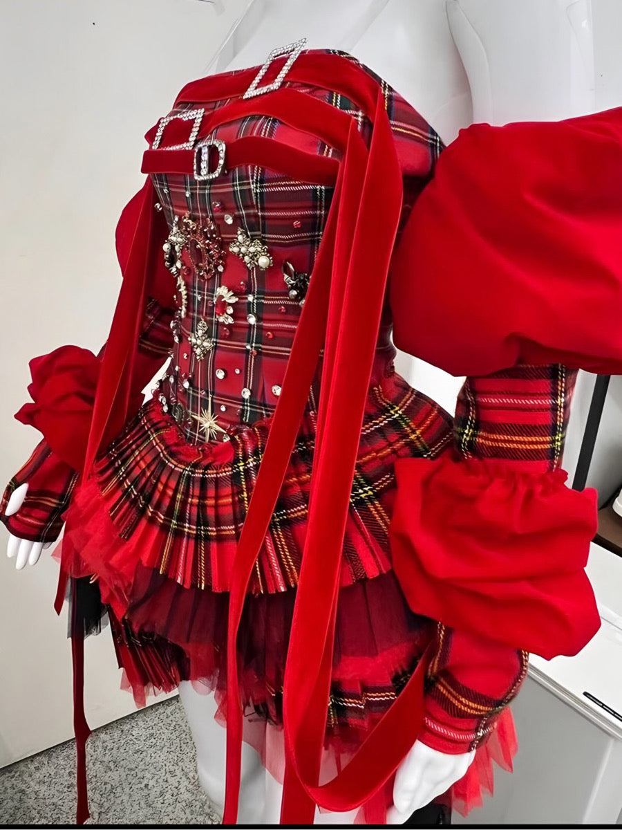 Red Plaid Puff Sleeve Corset Tiered Dress-Luxandluxy