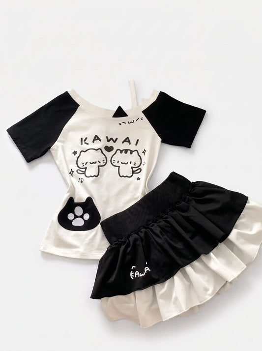 “Kawai” Twin Cats Skirt Set
