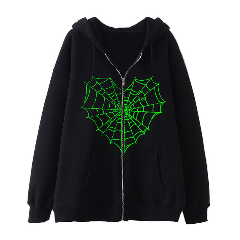 Rhinestone Spiderweb Heart Zipper Hoodie-Luxandluxy