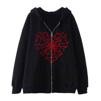 Rhinestone Spiderweb Heart Zipper Hoodie-Luxandluxy