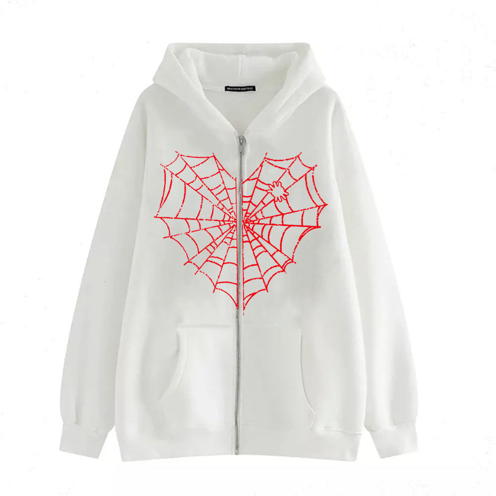 Rhinestone Spiderweb Heart Zipper Hoodie-Luxandluxy