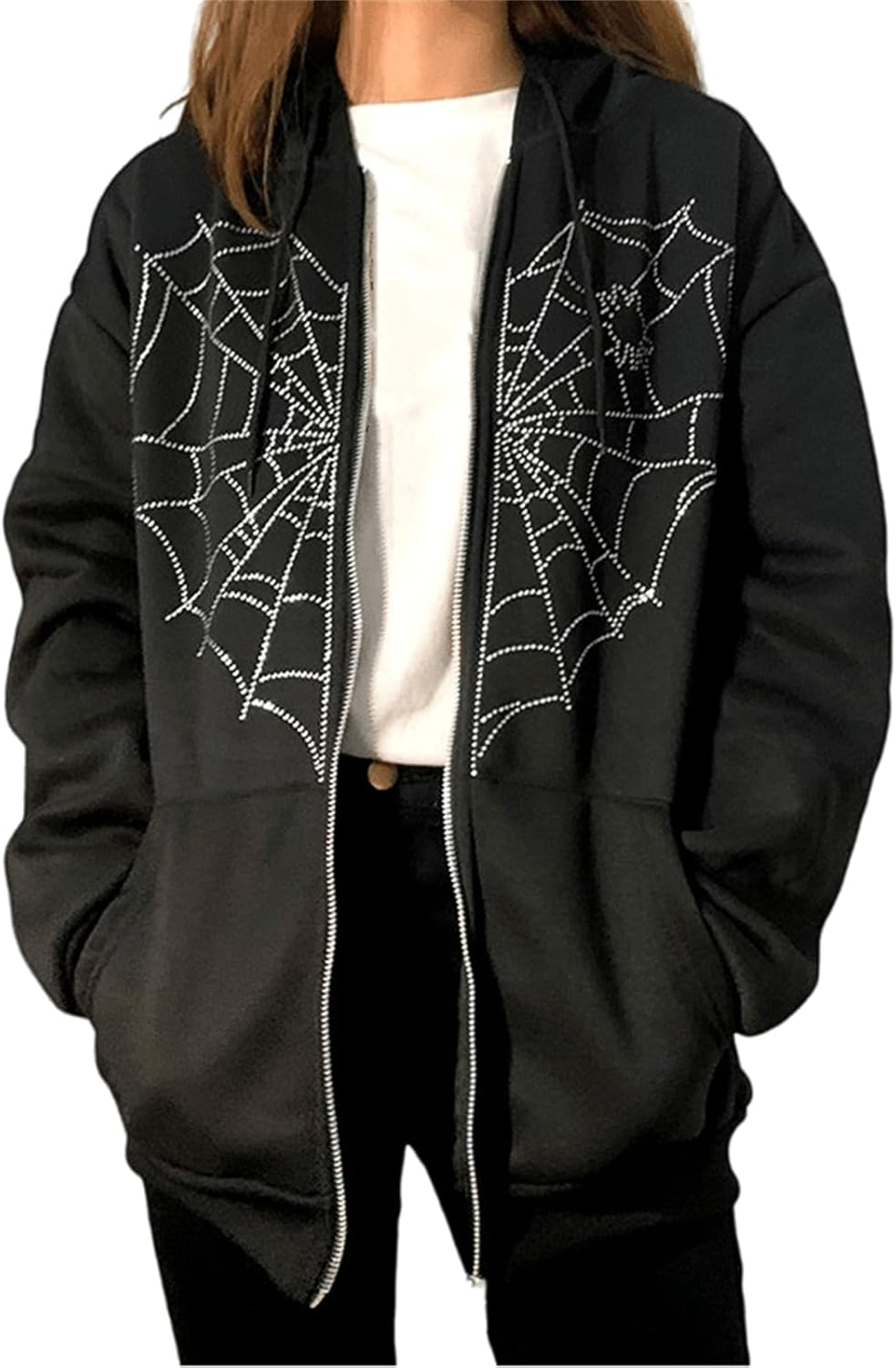 Rhinestone Spiderweb Heart Zipper Hoodie-Luxandluxy