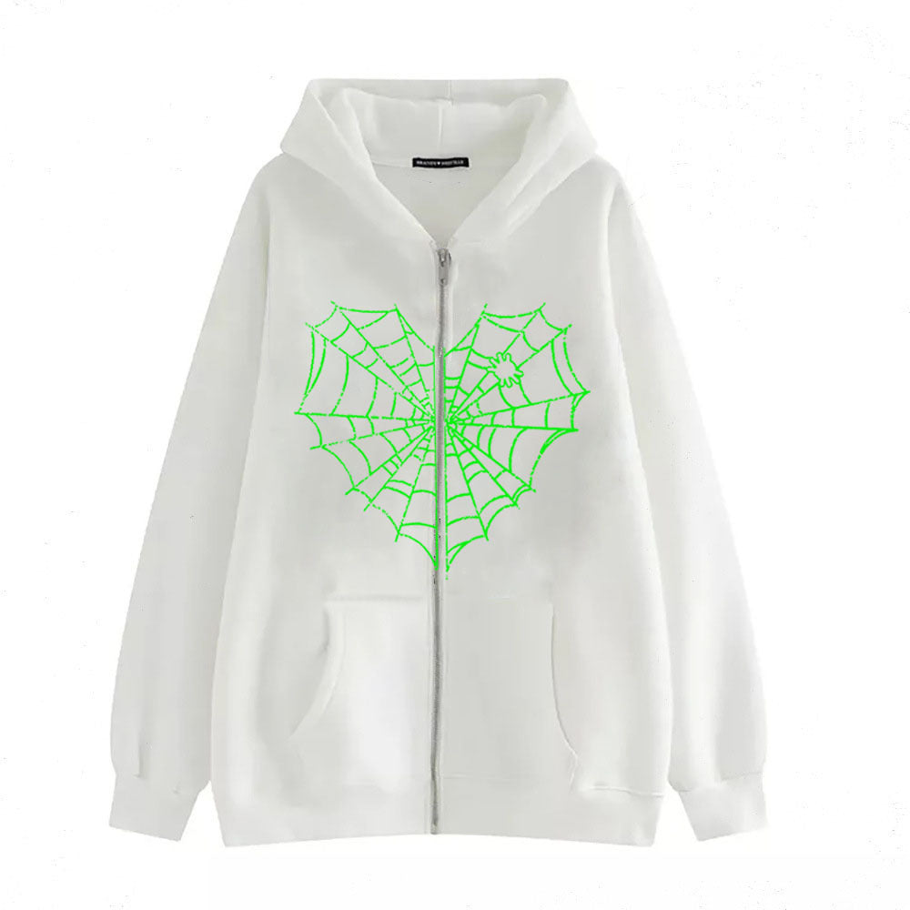 Rhinestone Spiderweb Heart Zipper Hoodie-Luxandluxy