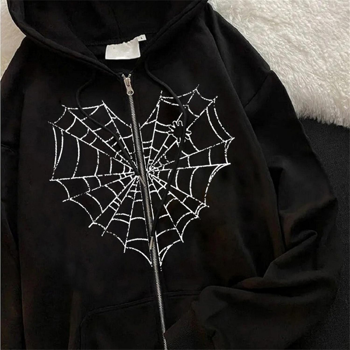 Rhinestone Spiderweb Heart Zipper Hoodie-Luxandluxy