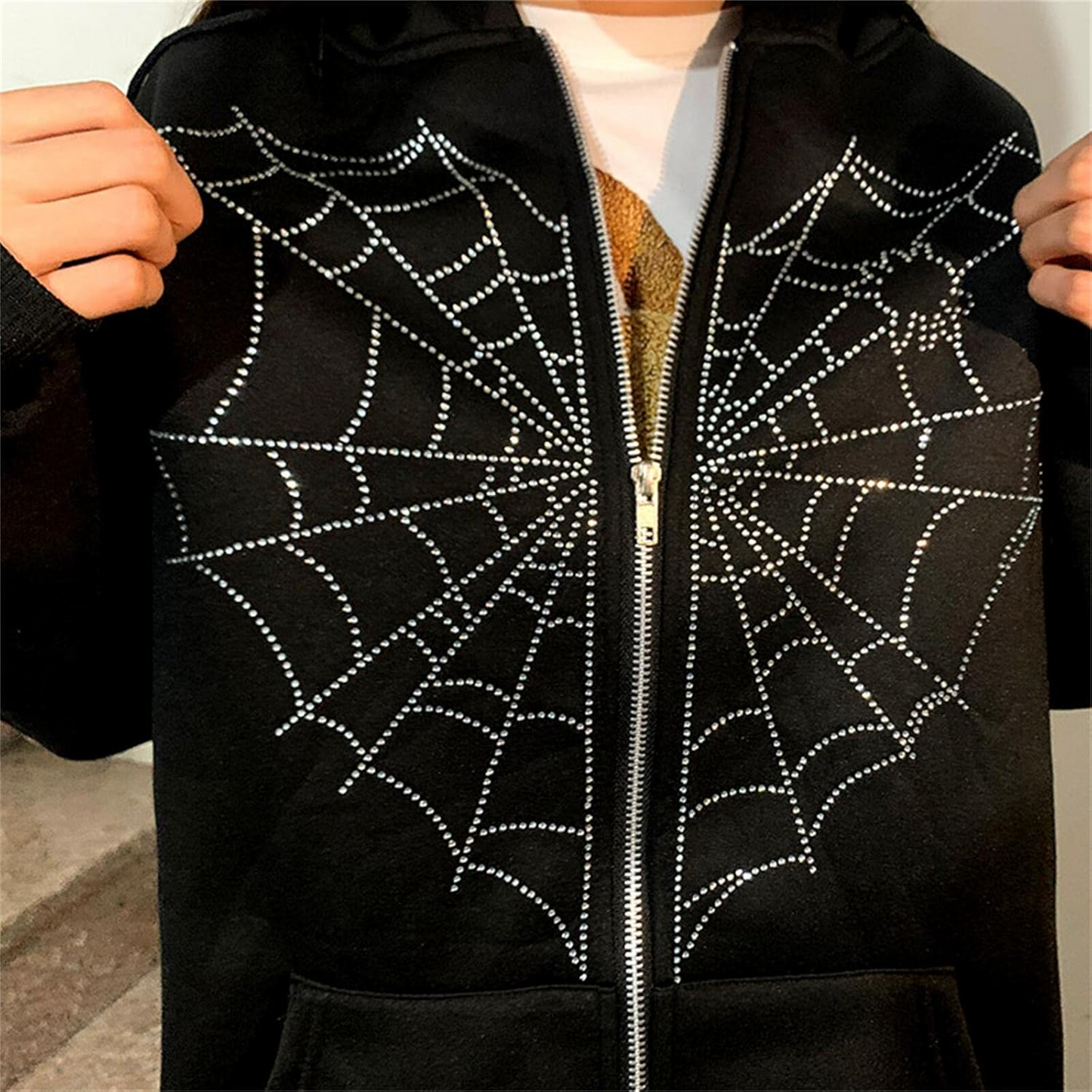 Rhinestone Spiderweb Heart Zipper Hoodie-Luxandluxy