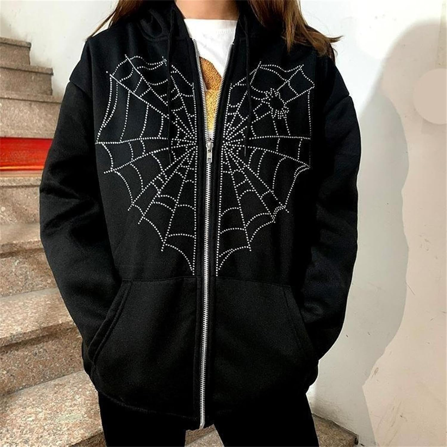 Rhinestone Spiderweb Heart Zipper Hoodie-Luxandluxy