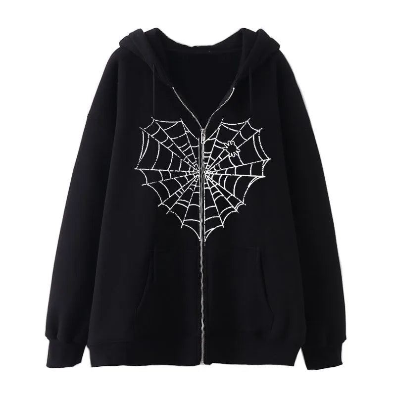 Rhinestone Spiderweb Heart Zipper Hoodie-Luxandluxy